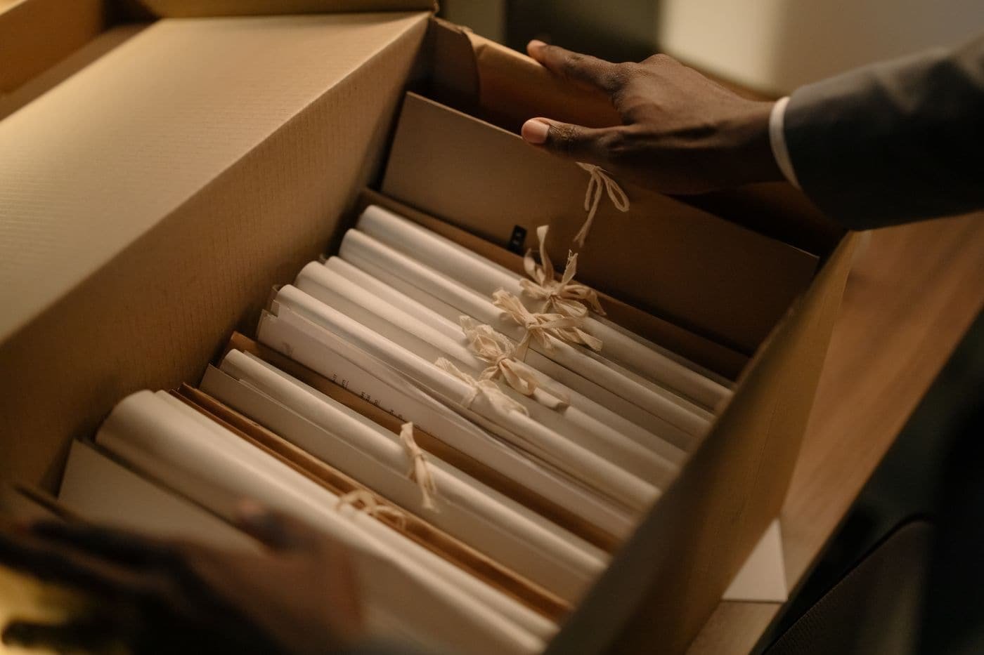 Mains gantées classant des dossiers et des documents dans un carton ouvert.